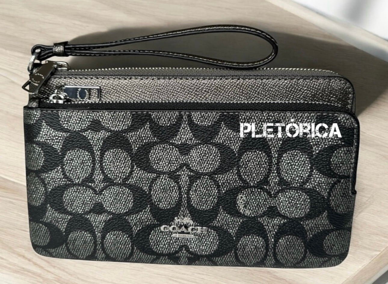 Cartera Larga Coach Con Doble Cierre Color Negro y Plata